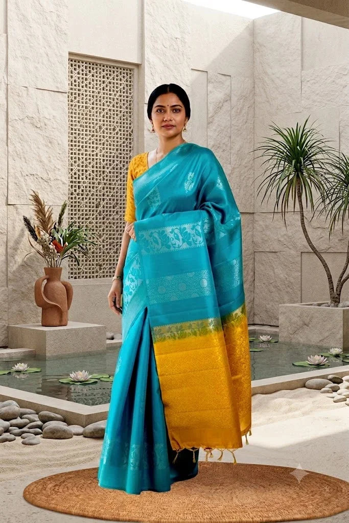 A woman wearing a turquoise Kanchipuram silk saree with a mustard yellow paisley border and a yellow blouse, standing in a modern stone courtyard with a lotus pool.