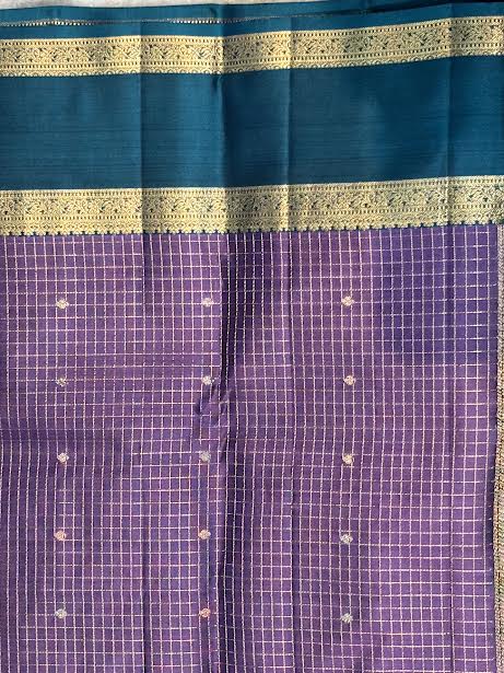 Traditional Handloom Purple Kanchi Silk Saree with Blue Zari Border