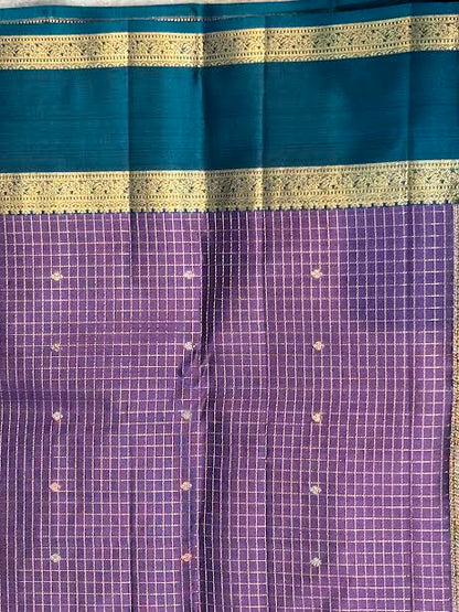 Traditional Handloom Purple Kanchi Silk Saree with Blue Zari Border