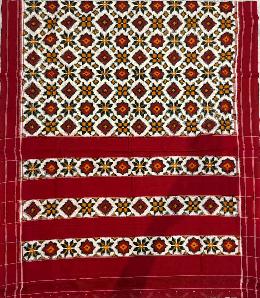 Handcrafted Telia Rumal Cotton Saree in Crimson Red and Mustard Accents