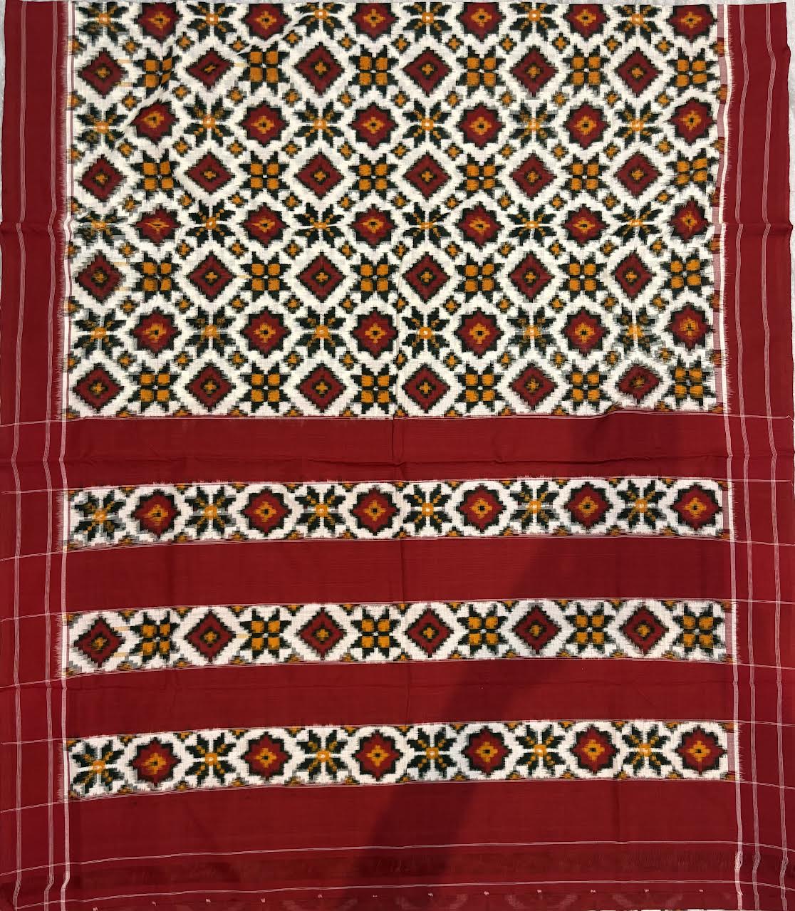 Handcrafted Telia Rumal Cotton Saree in Crimson Red and Mustard Accents