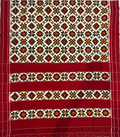 Handcrafted Telia Rumal Cotton Saree in Crimson Red and Mustard Accents
