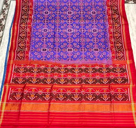 Authentic Blue &amp; Red Pure Real Patola Silk Saree with Traditional Motifs