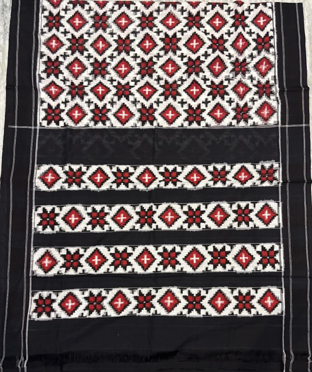 Traditional Handwoven Ikkat Telia Rumal Pure Cotton Saree in Black, Off-White &amp; Red