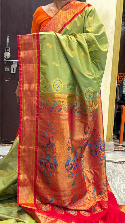 Semi Gadwal Paithani Saree in Green with Rich Red Border
