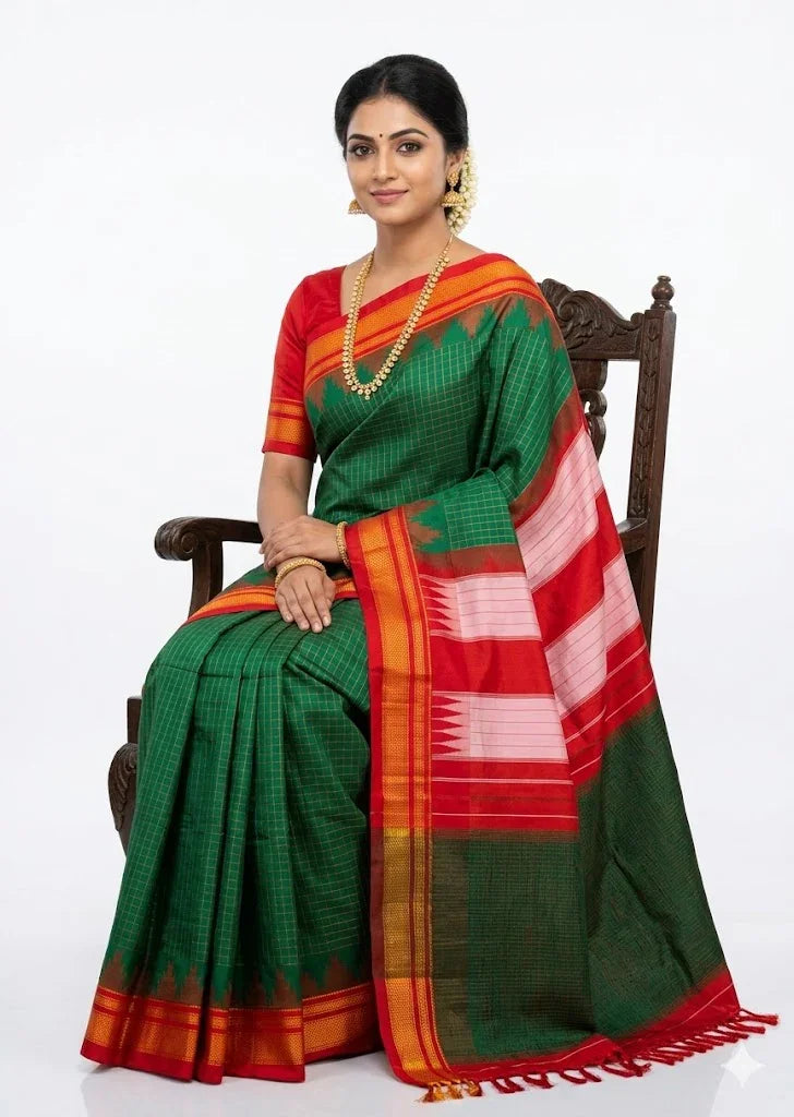 Authentic Pure Gadwal Silk Saree – Green with Red Temple Border & Zari Checks - pochampallysarees.com