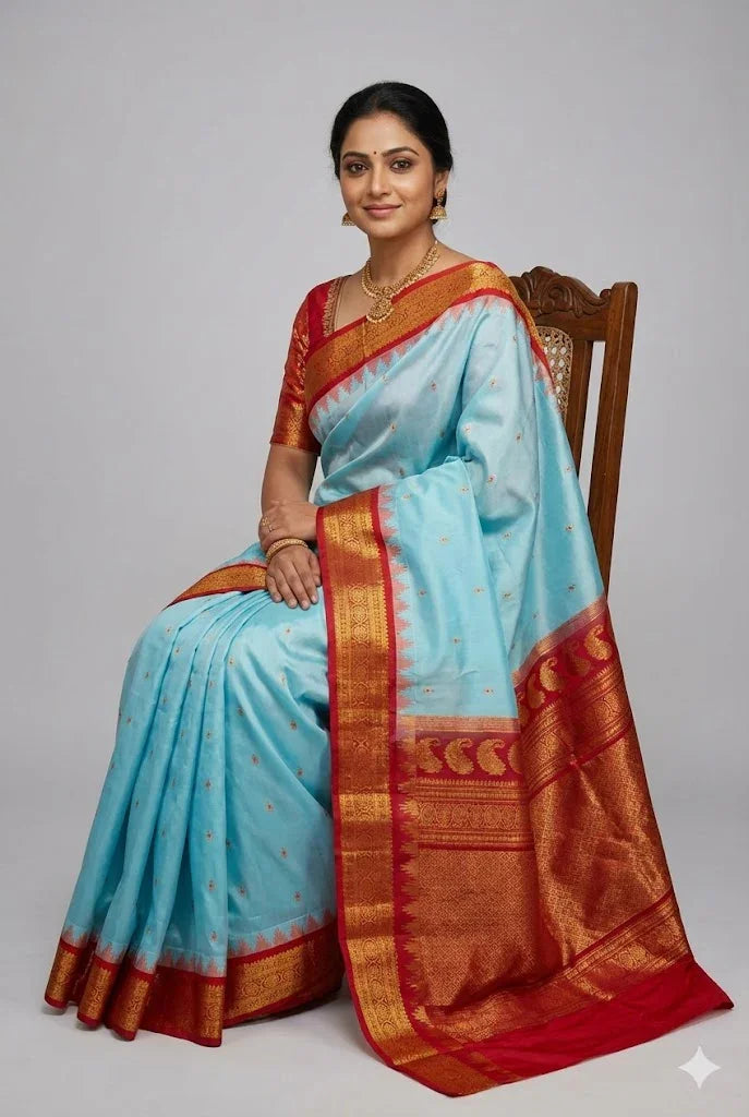 Authentic Light Blue Gadwal Silk Saree with Rich Red Gold Zari Border &amp; Pallu | Traditional Festive Wear - pochampallysarees.com