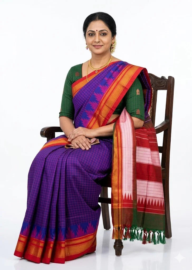 Authentic Pure Gadwal Silk Saree - Purple Checks with Contrast Red Pallu - pochampallysarees.com