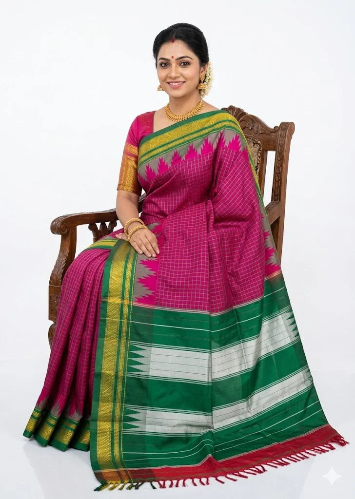Pure Gadwal Silk Saree - Magenta Pink with Temple Border &amp; Green Pallu - pochampallysarees.com