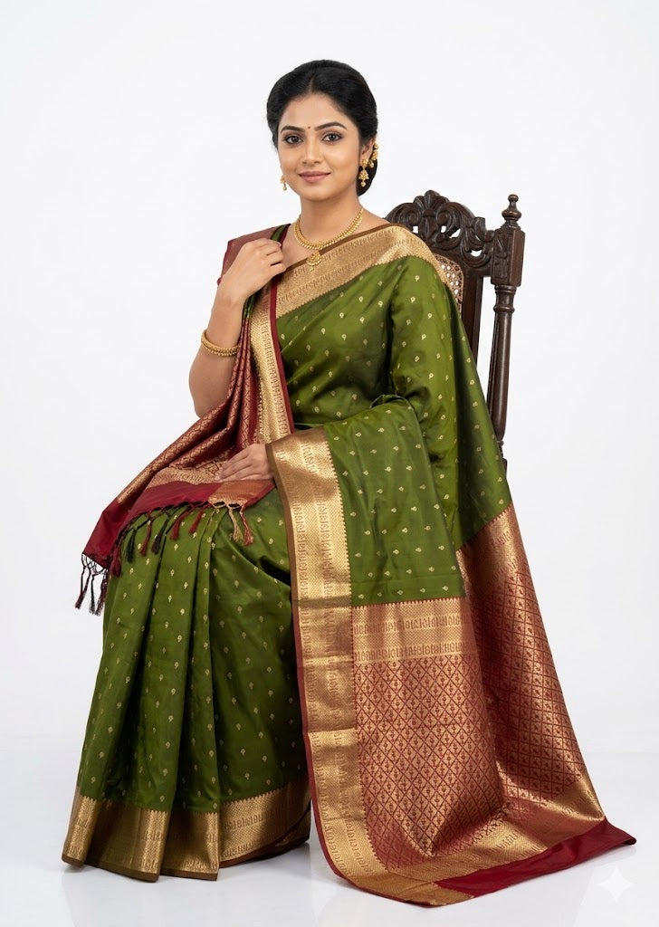 Pure Dharmavaram Silk Saree - Olive Green & Maroon with Zari Work - pochampallysarees.com
