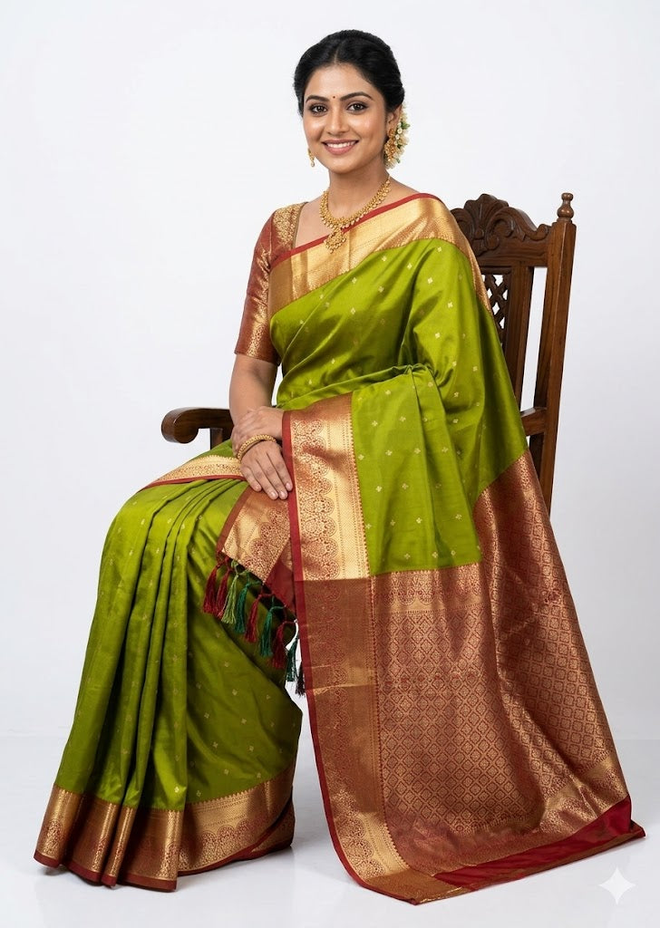 Bright Olive Green & Maroon Pure Dharmavaram Silk Saree - pochampallysarees.com
