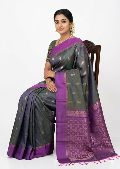 Elegant Dual-Tone Grey &amp; Purple Pure Soft Silk Saree with Traditional Zari Pallu