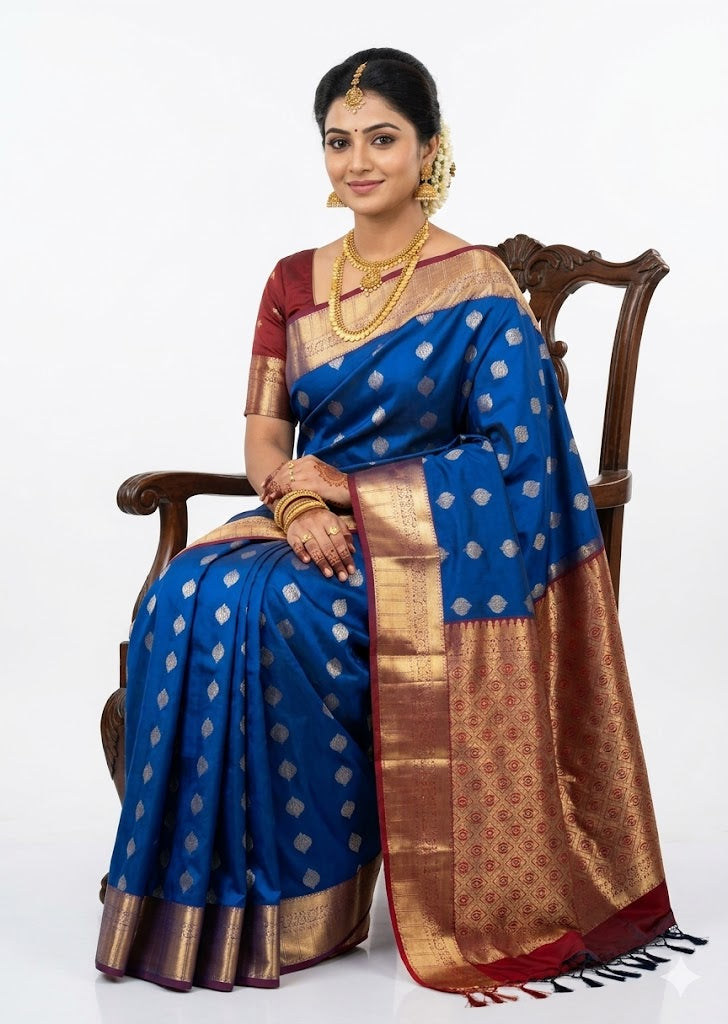 Pure Dharmavaram Silk Saree - Royal Blue & Maroon with Zari Work - pochampallysarees.com