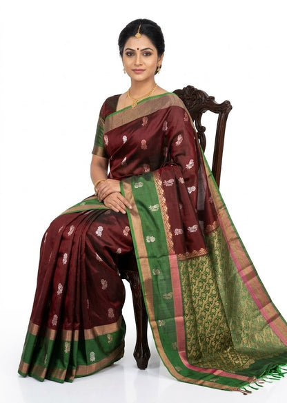 Elegant Maroon and Green Pure Soft Silk Saree with Rich Zari Pallu