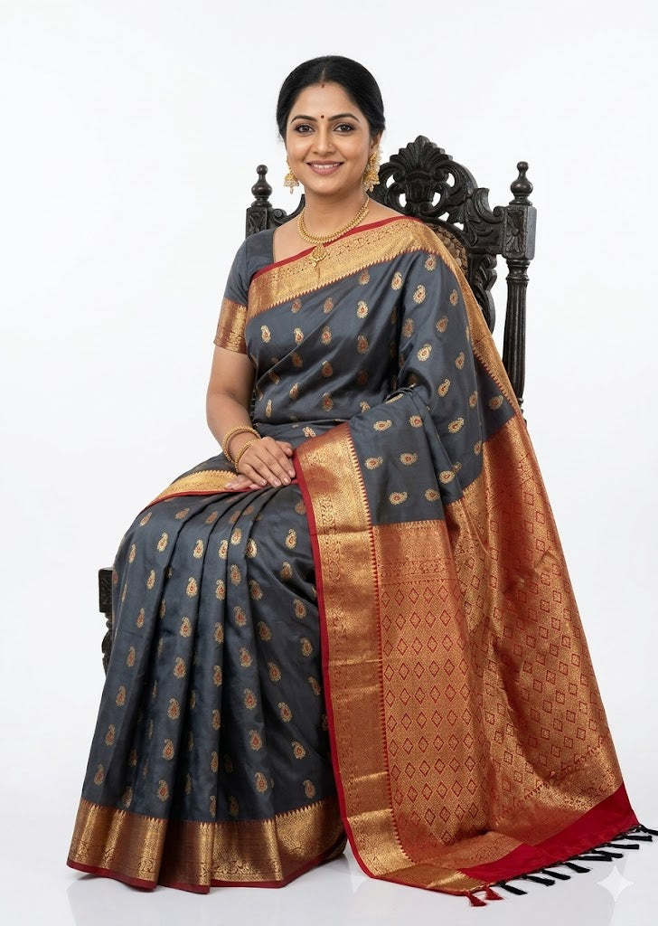 Pure Darmavaram Silk Saree - Elegant Charcoal Gray and Red Zari Brocade - pochampallysarees.com