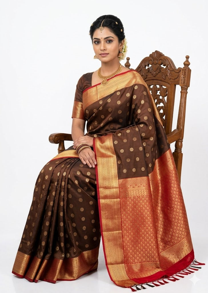 Pure Dharmavaram Silk Saree - Elegant Chocolate Brown with Rich Red Brocade Pallu - pochampallysarees.com