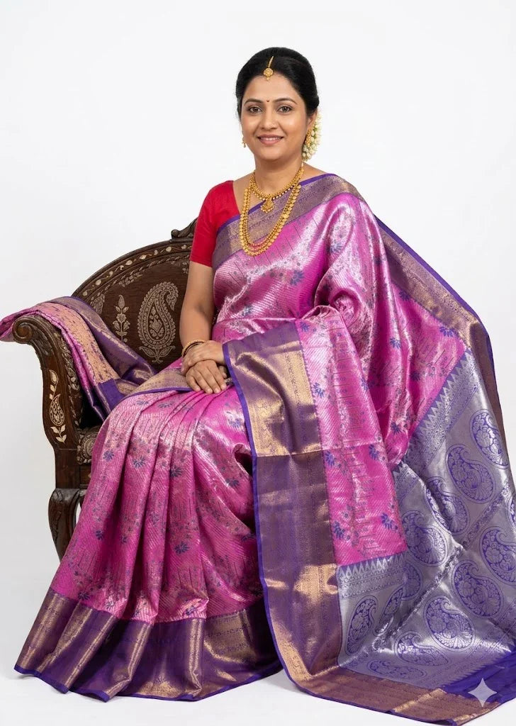 Pure Dharmavaram Silk Saree - Pink &amp; Purple with All-Over Silver-Gold Zari Brocade - pochampallysarees.com