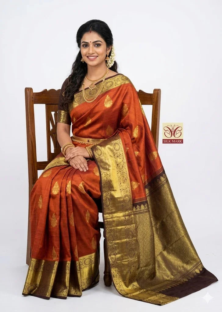 Pure Kanchipuram Pattu Saree with gold zari border in Rust Orange with Contrast Brown Zari Border | Silk Mark Certified - pochampallysarees.com