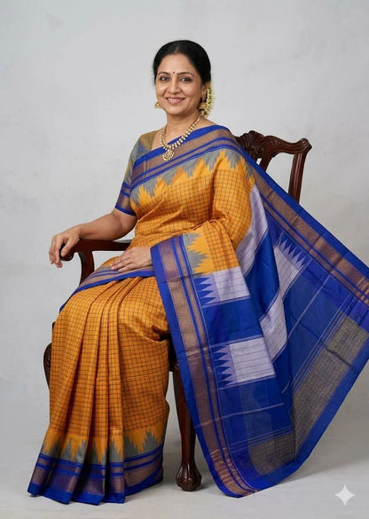 Mustard Yellow &amp; Royal Blue Kanchipuram Handloom Silk Saree - pochampallysarees.com