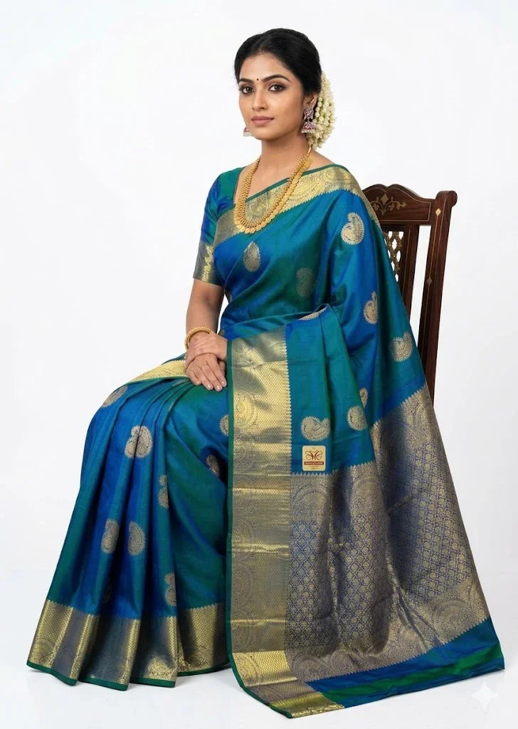 Pure Kanchipuram Pattu Saree with gold zari border in Royal Blue &amp; Green | Silk Mark Certified - pochampallysarees.com