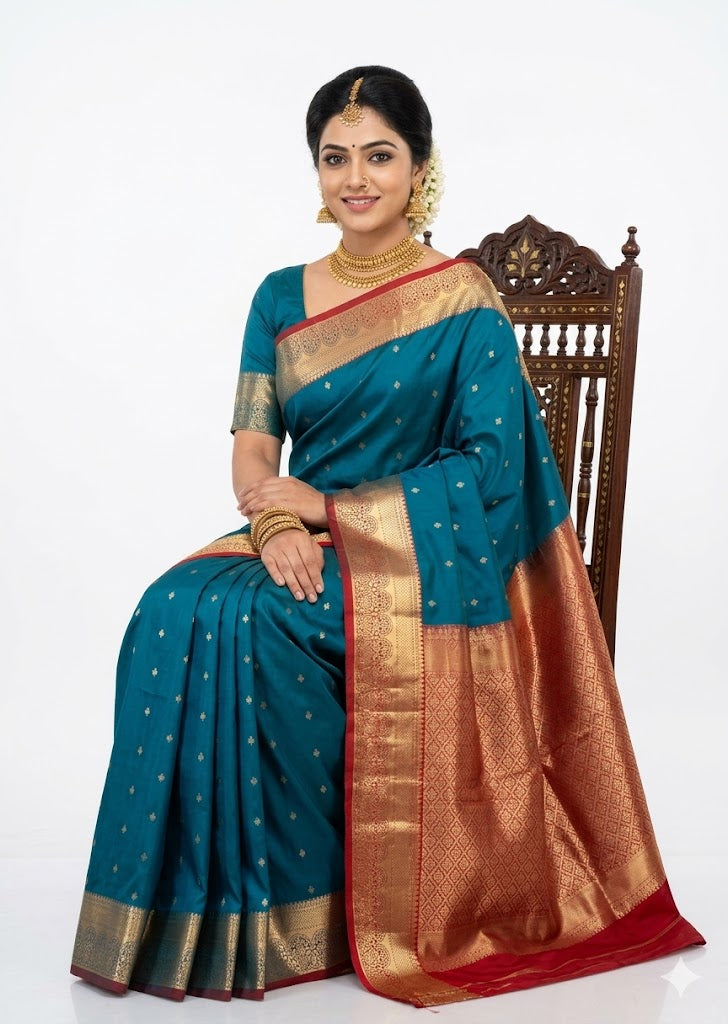 Teal Blue &amp; Red Dharmavaram Silk Saree | Buy Online - pochampallysarees.com
