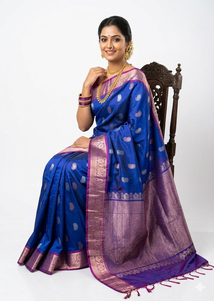 Royal Blue Pure Soft Silk Saree with Contrasting Purple Zari Border &amp; Pallu