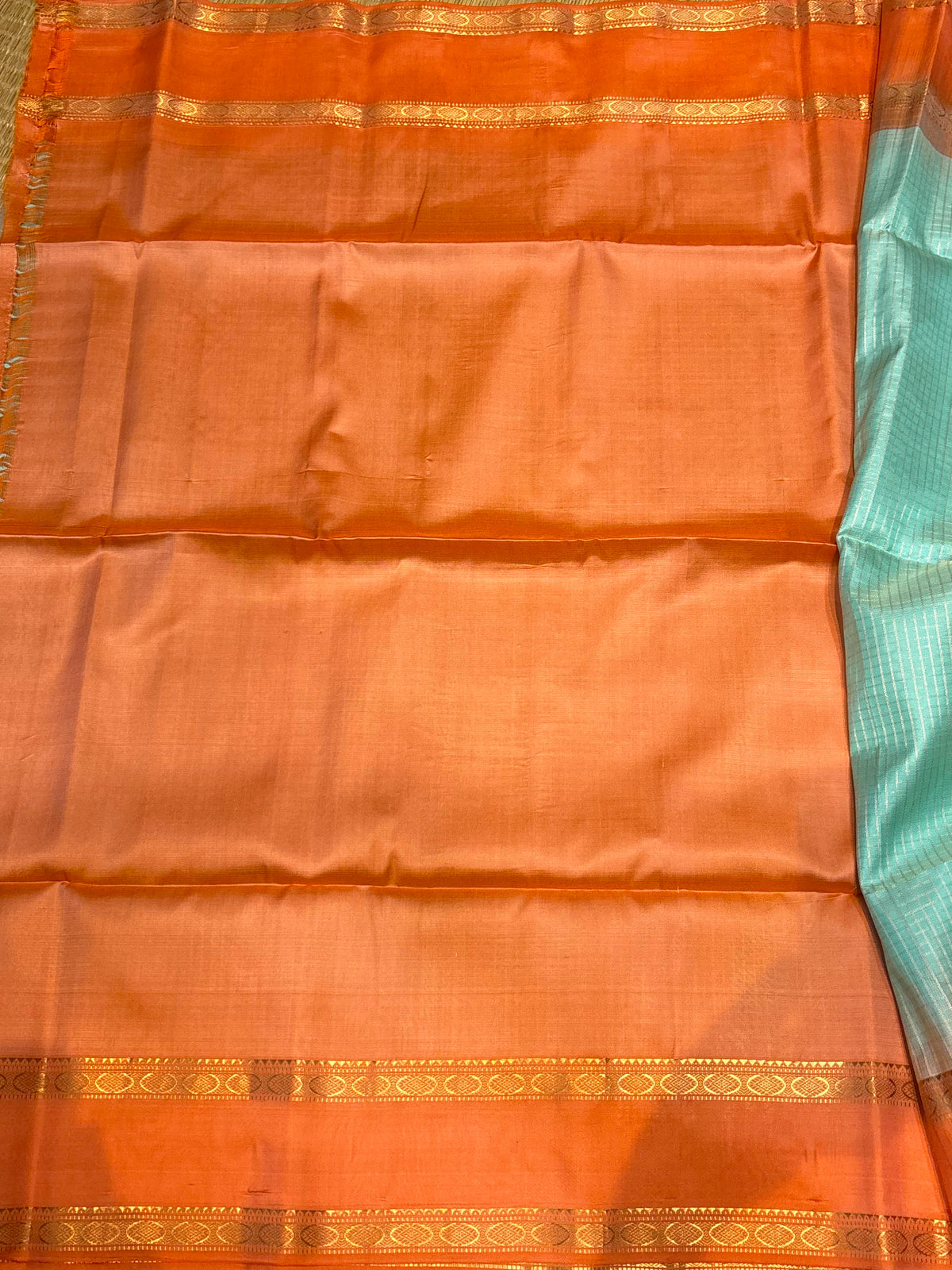 Authentic Sea Green &amp; Copper Orange Kanchipuram Silk Saree with Silk Mark