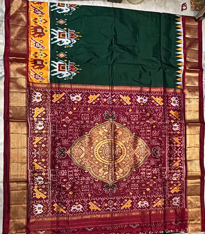 Bottle Green &amp; Maroon Pochampally Ikkat Silk Saree