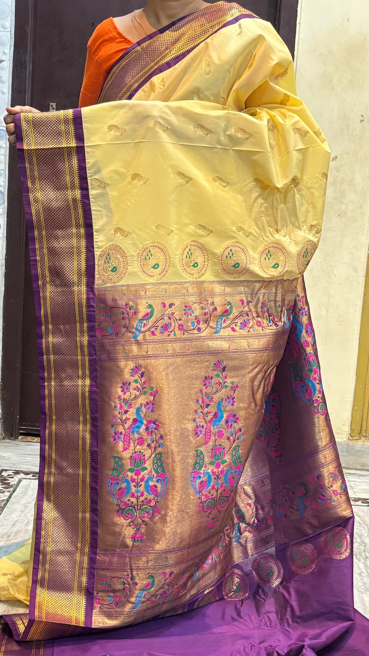 Elegant Pale Yellow Semi Gadwal Paithani Saree with Contrast Purple Blouse