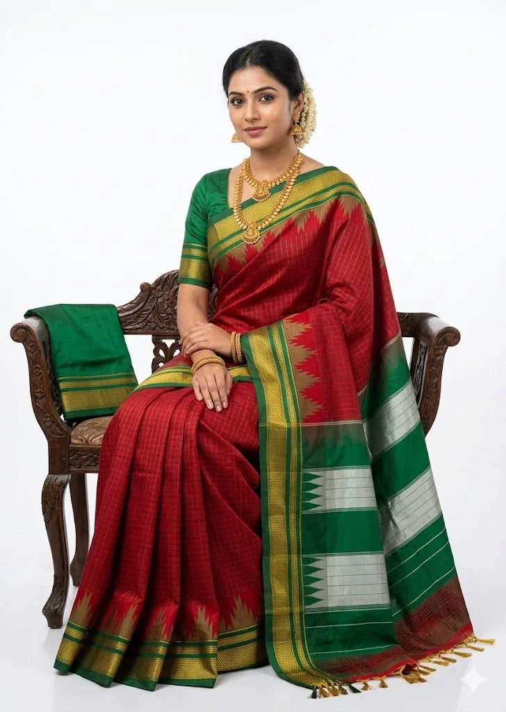 Authentic Red &amp; Green Pure Gadwal Silk Saree with Temple Border - pochampallysarees.com