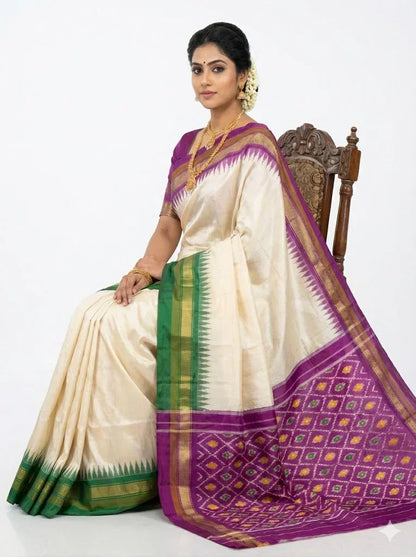 Pure Ikkat Silk Saree in Cream with Dual Contrast Green &amp; Magenta Temple Border | Traditional Festive Wear - pochampallysarees.com
