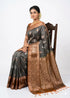 Elegant Charcoal Grey & Copper Zari Soft Silk Saree with Floral Pallu - pochampallysarees.com