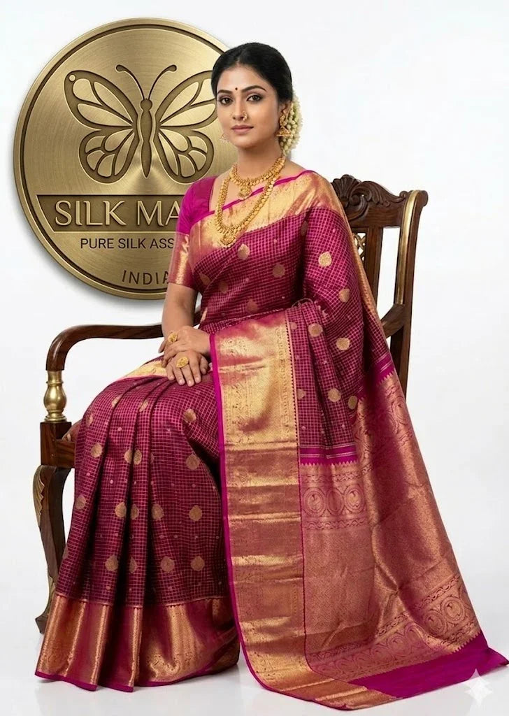 Authentic Deep Wine & Magenta Pure Kanchipuram Pattu Saree with gold zari border Checks & Peacock Motifs - pochampallysarees.com