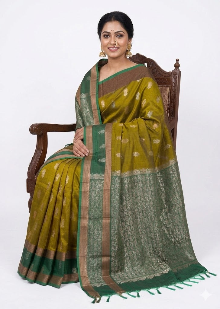 Olive Green &amp; Emerald Soft Silk Saree Online | Traditional Zari