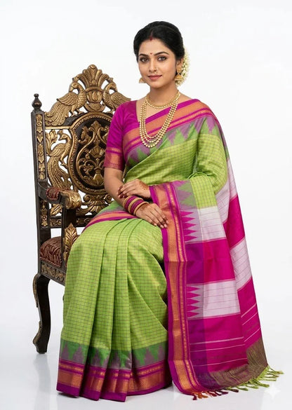 Pure Gadwal Silk Saree in Parrot Green &amp; Magenta Pink | Authentic Handwoven Traditional Saree - pochampallysarees.com