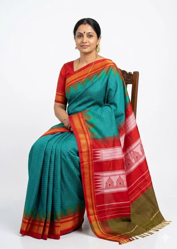 Authentic Pure Gadwal Silk Saree in Teal Green &amp; Red with Zari Temple Border - pochampallysarees.com