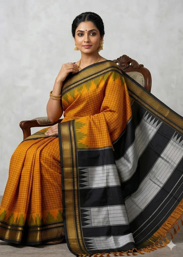Handloom Pure Gadwal Silk Saree in Mustard Yellow &amp; Black – Traditional Temple Border Kuttu Saree - pochampallysarees.com