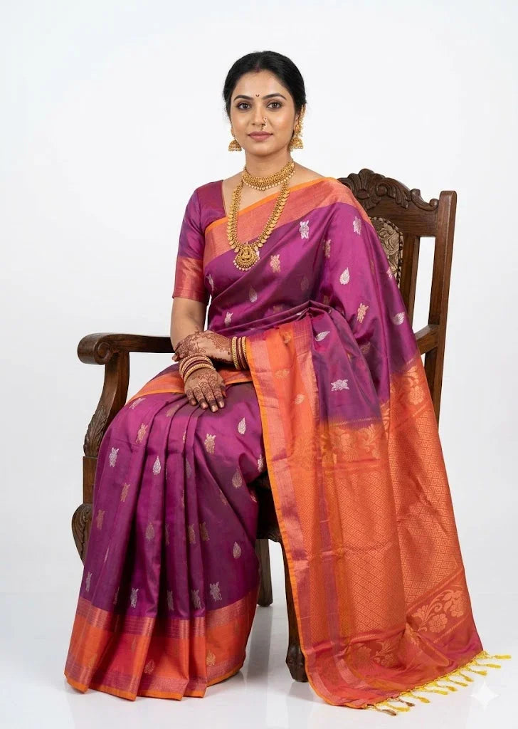 Elegant Royal Purple &amp; Orange Soft Silk Saree with Traditional Zari Work - pochampallysarees.com