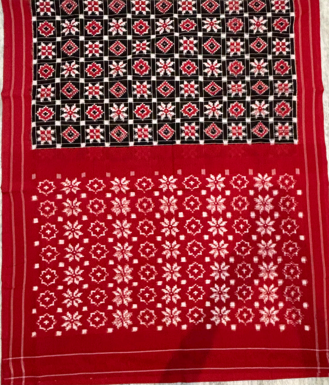 Authentic Handloom Telia Rumal Double Ikkat Cotton Saree in Black &amp; Crimson Red
