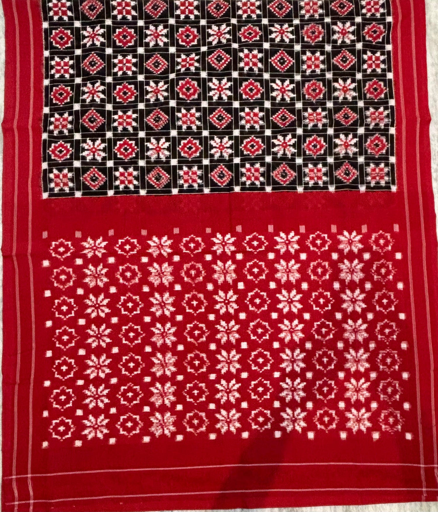Authentic Handloom Telia Rumal Double Ikkat Cotton Saree in Black &amp; Crimson Red