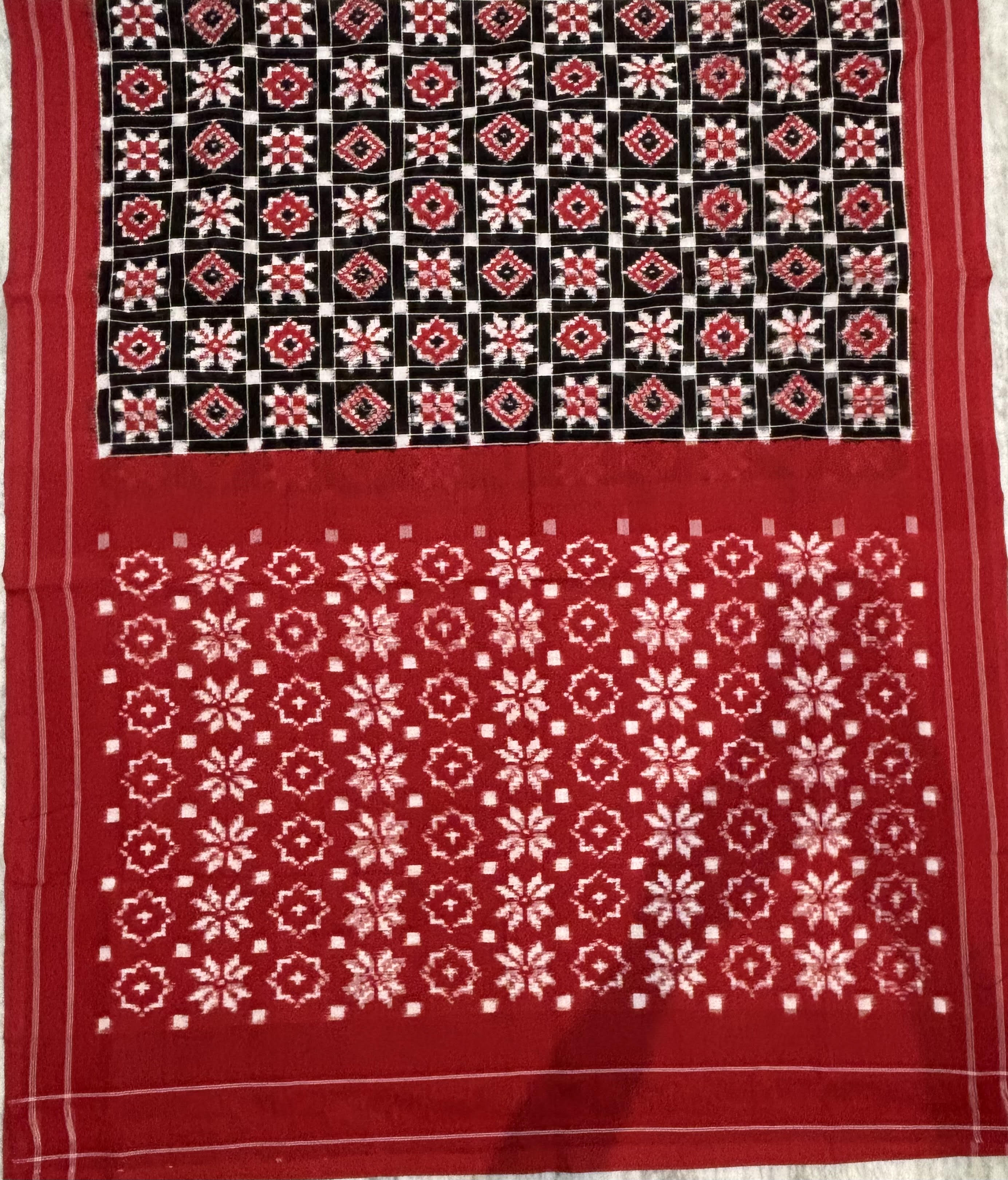 Authentic Handloom Telia Rumal Double Ikkat Cotton Saree in Black &amp; Crimson Red