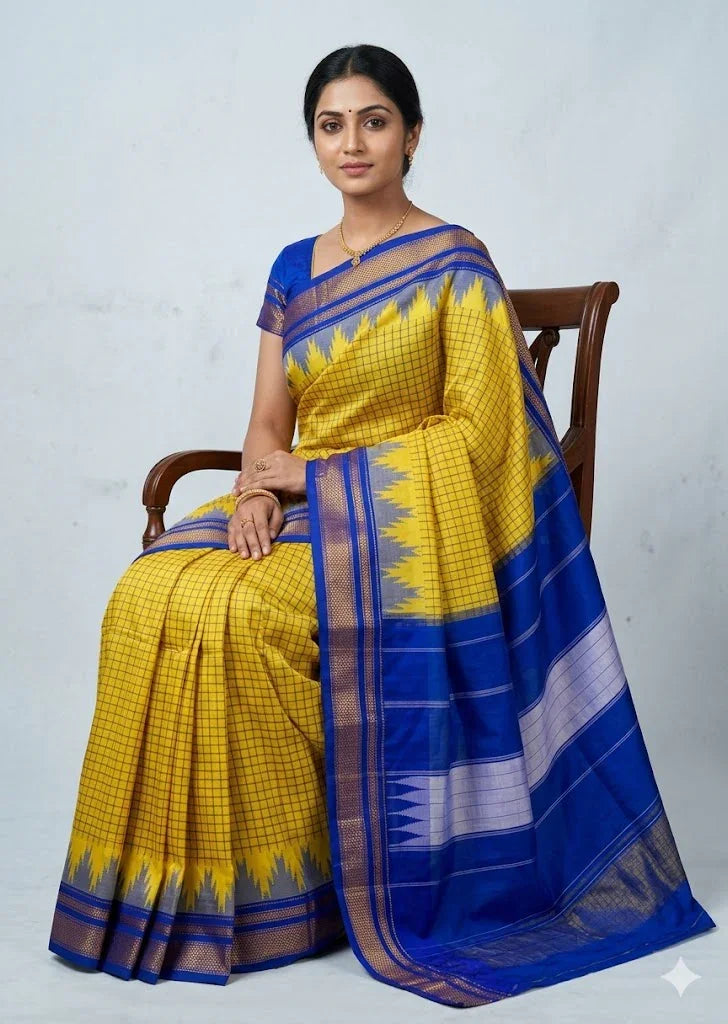 Pure Yellow &amp; Royal Blue Checked Gadwal Silk Saree | Traditional Handloom - pochampallysarees.com