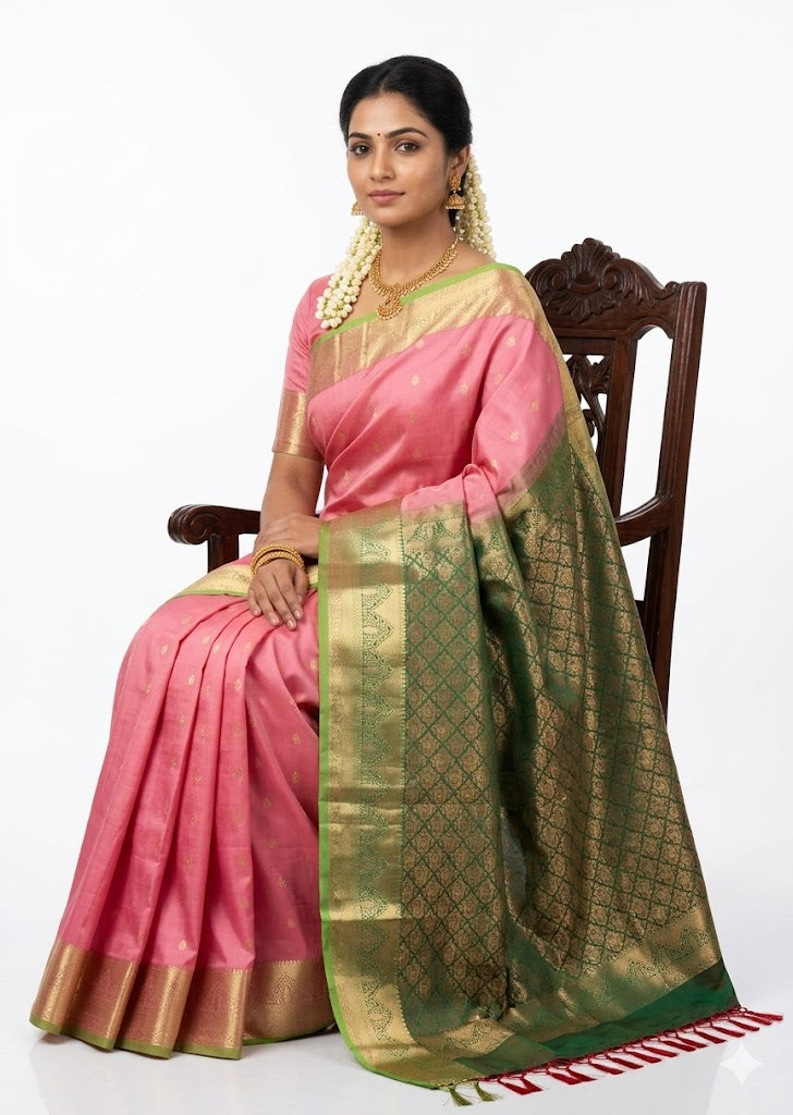 Traditional Pure Pink Dharmavaram Silk Saree with Green Pallu &amp; Zari Work - pochampallysarees.com