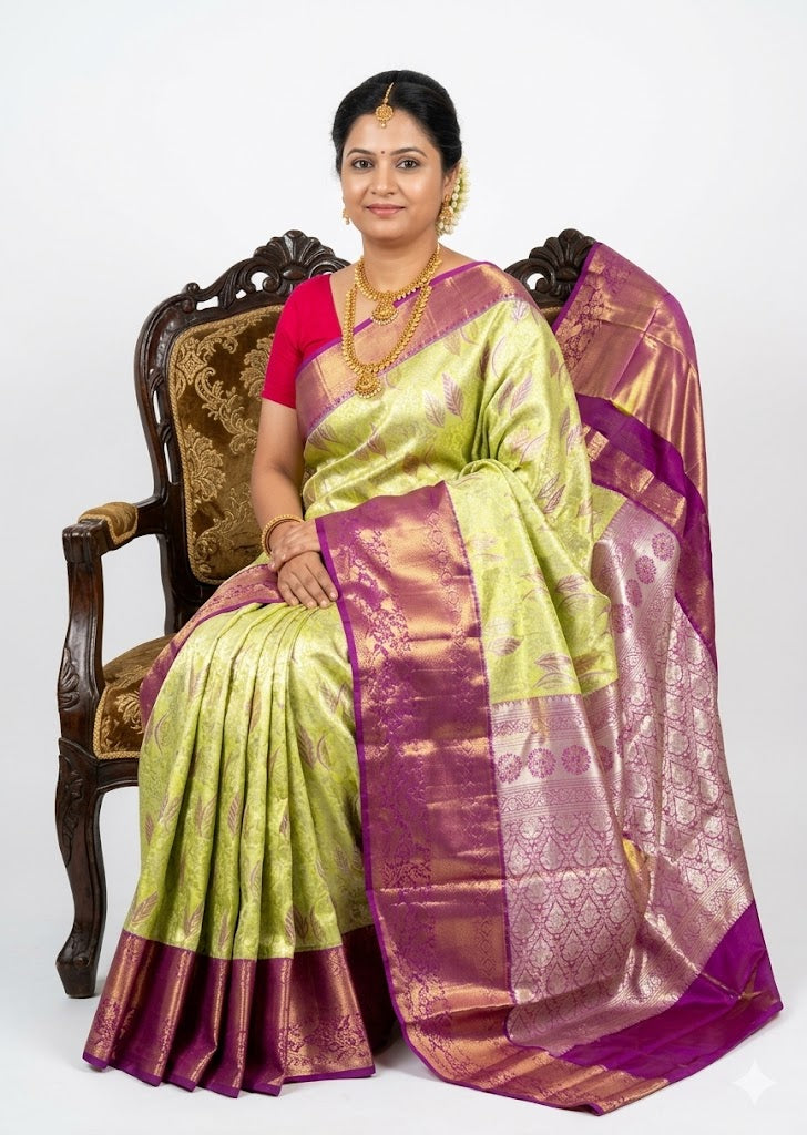 Pure Darmavaram Silk Saree - Lime Green Body with Rich Purple Zari Pallu - pochampallysarees.com