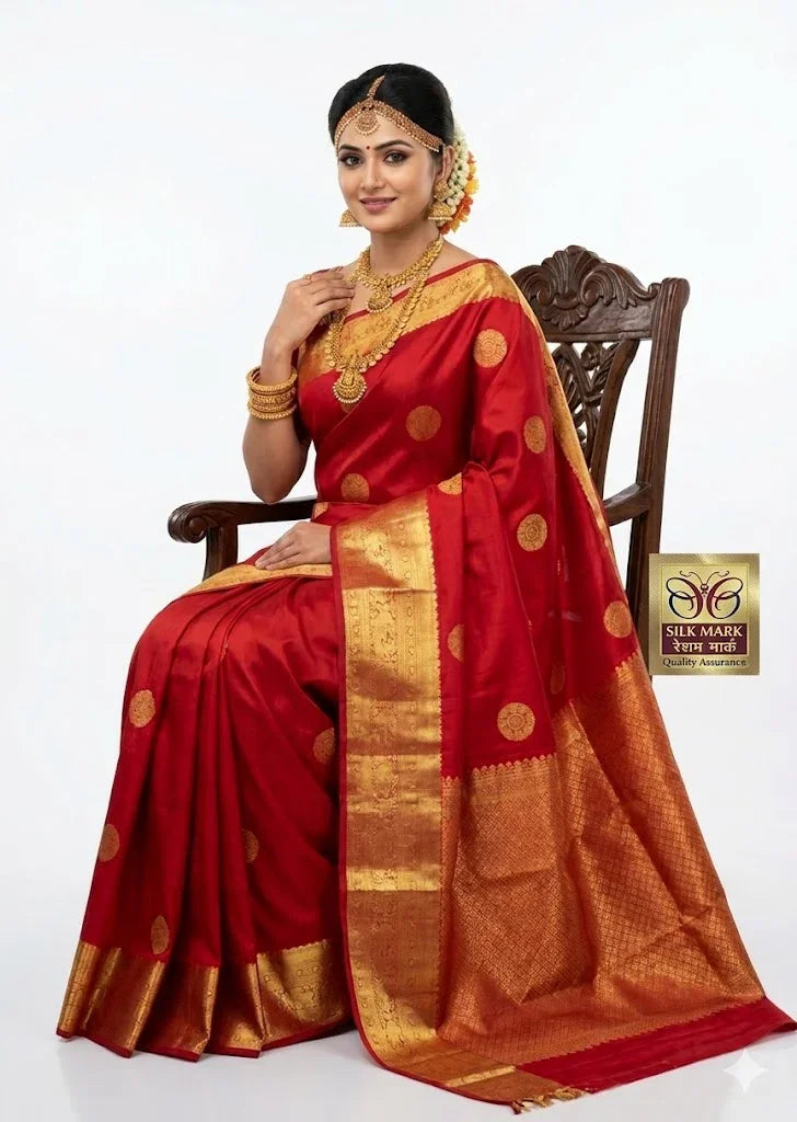 Bridal Red Pure Pure Kanchipuram Pattu Saree with gold zari border | Silk Mark Certified - pochampallysarees.com