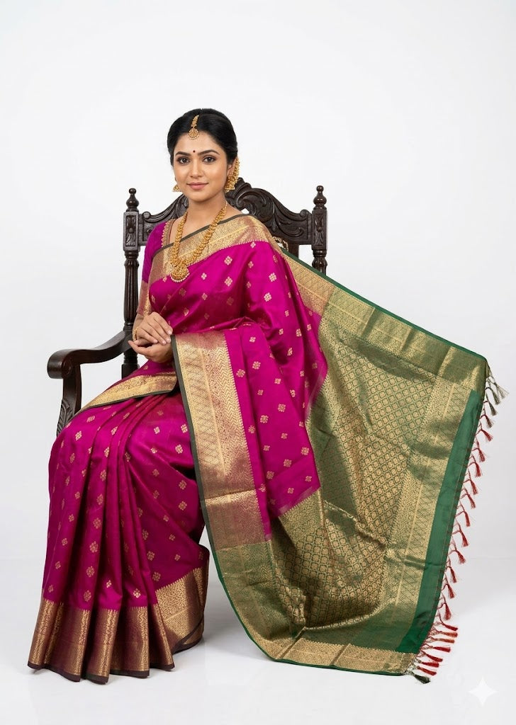 Pure Dharmavaram Silk Saree - Magenta Pink & Green with Gold Zari - pochampallysarees.com