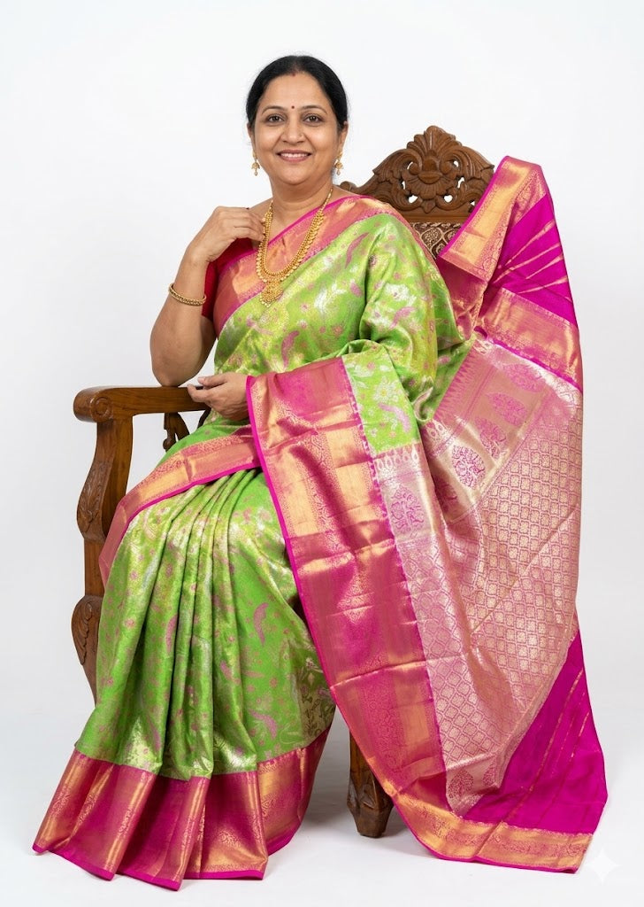 Pure Dharmavaram Silk Saree - Lime Green with Magenta Zari Brocade - pochampallysarees.com