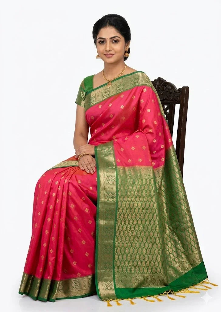 Title Pure Dharmavaram Silk Saree - Vibrant Pink & Green with Zari Work - pochampallysarees.com