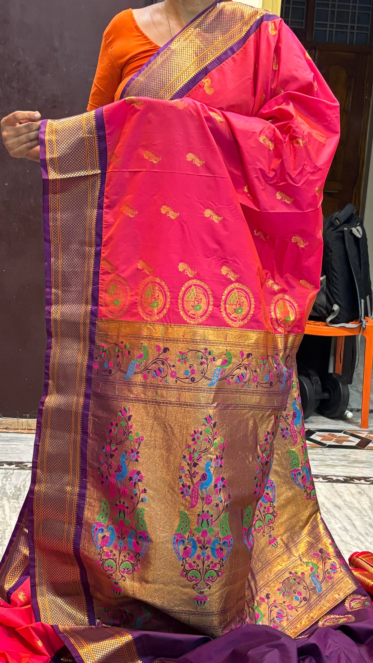 Traditional Pink Semi Gadwal Saree with Contrasting Purple Zari Border
