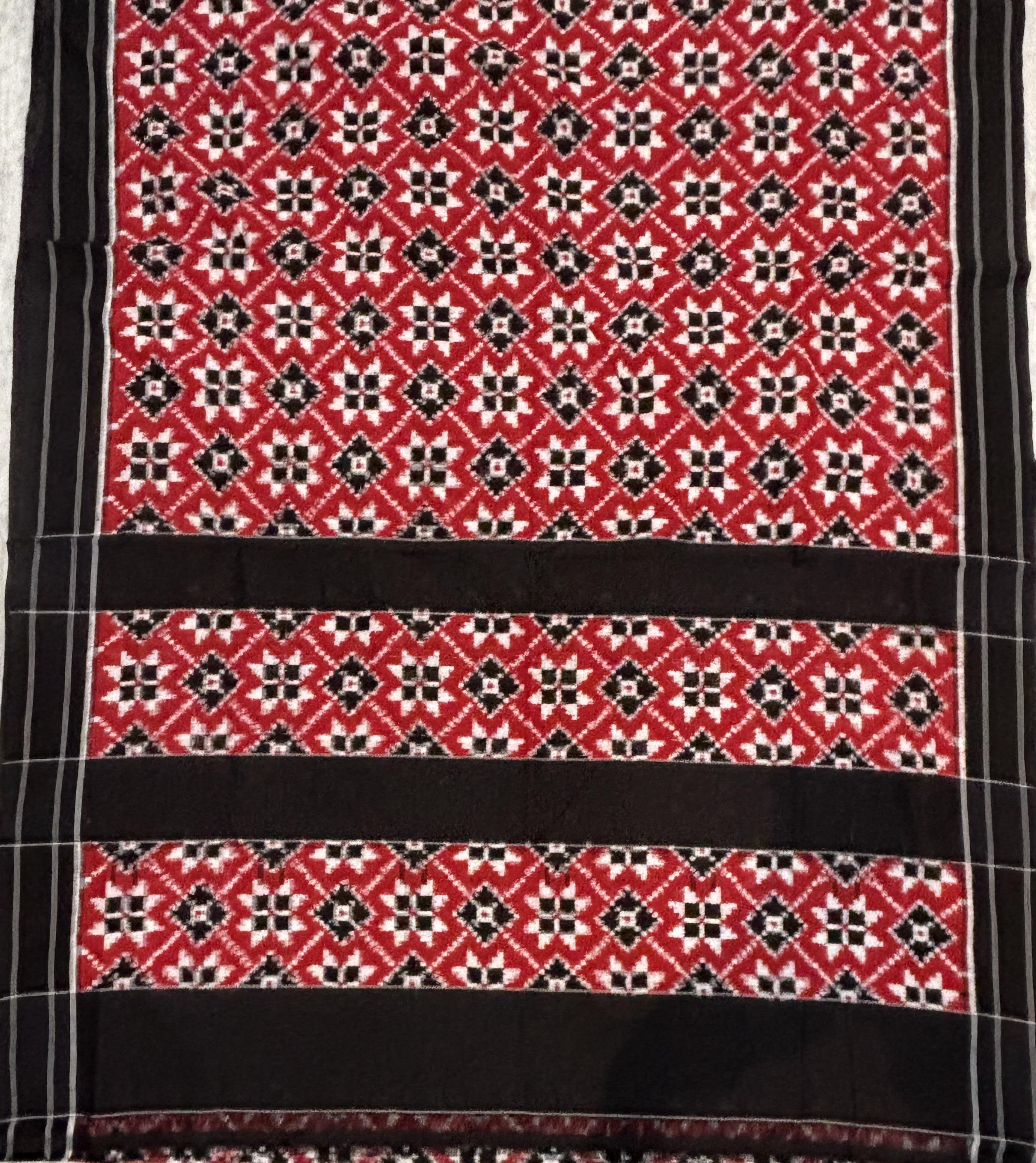 Authentic Handloom Telia Rumal Double Ikkat Cotton Saree in Crimson Red &amp; Black